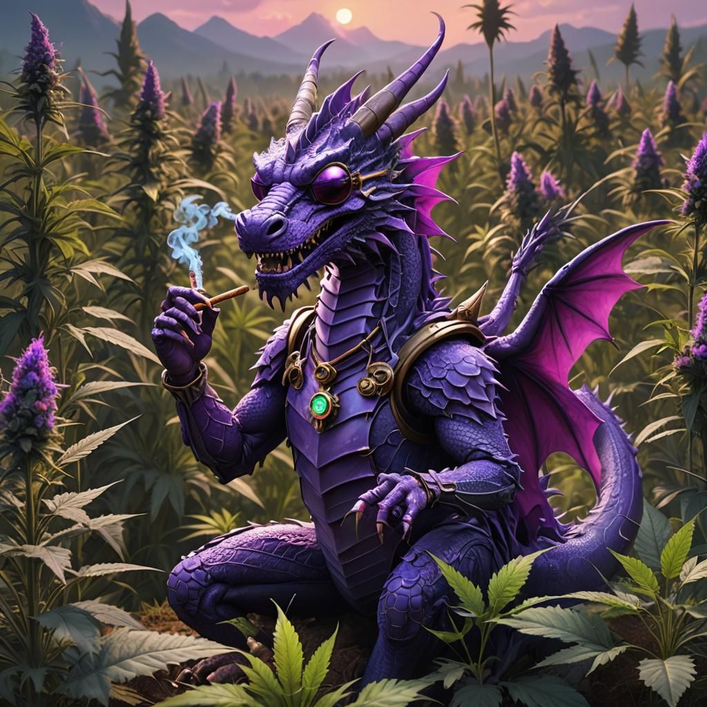 Purple Dragon Smokes Joint in Marijuana Field