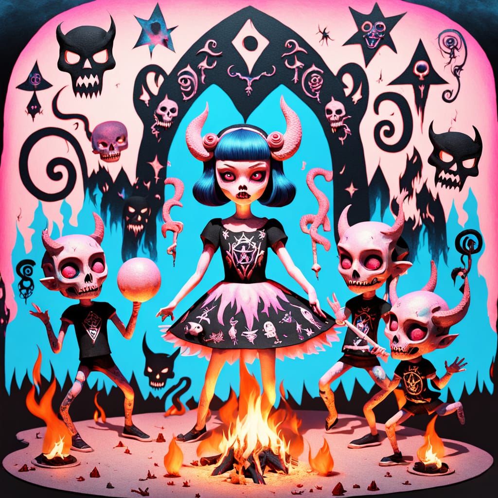 Surreal Demons Dance Around Fiery Occult Ritual in Dreamlike...