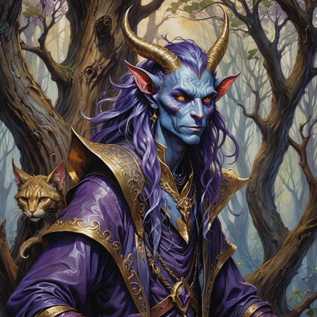 Regal Tiefling in Fanciful Regalia, with Golden Eyes and Lav...