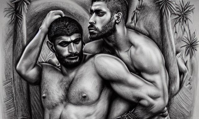 Intense Embrace: Muscular Warriors in Jungle Clearing