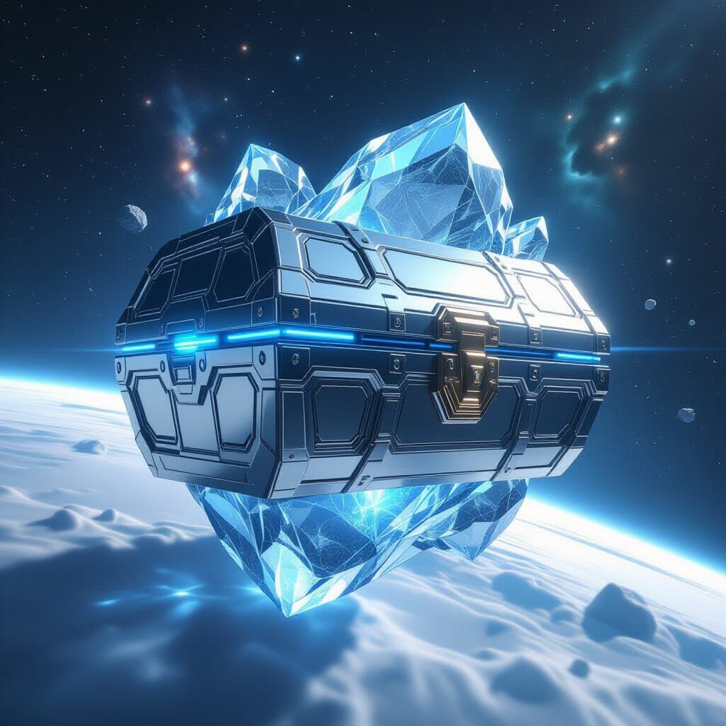 Futuristic Treasure Chest Embedded in Asteroid