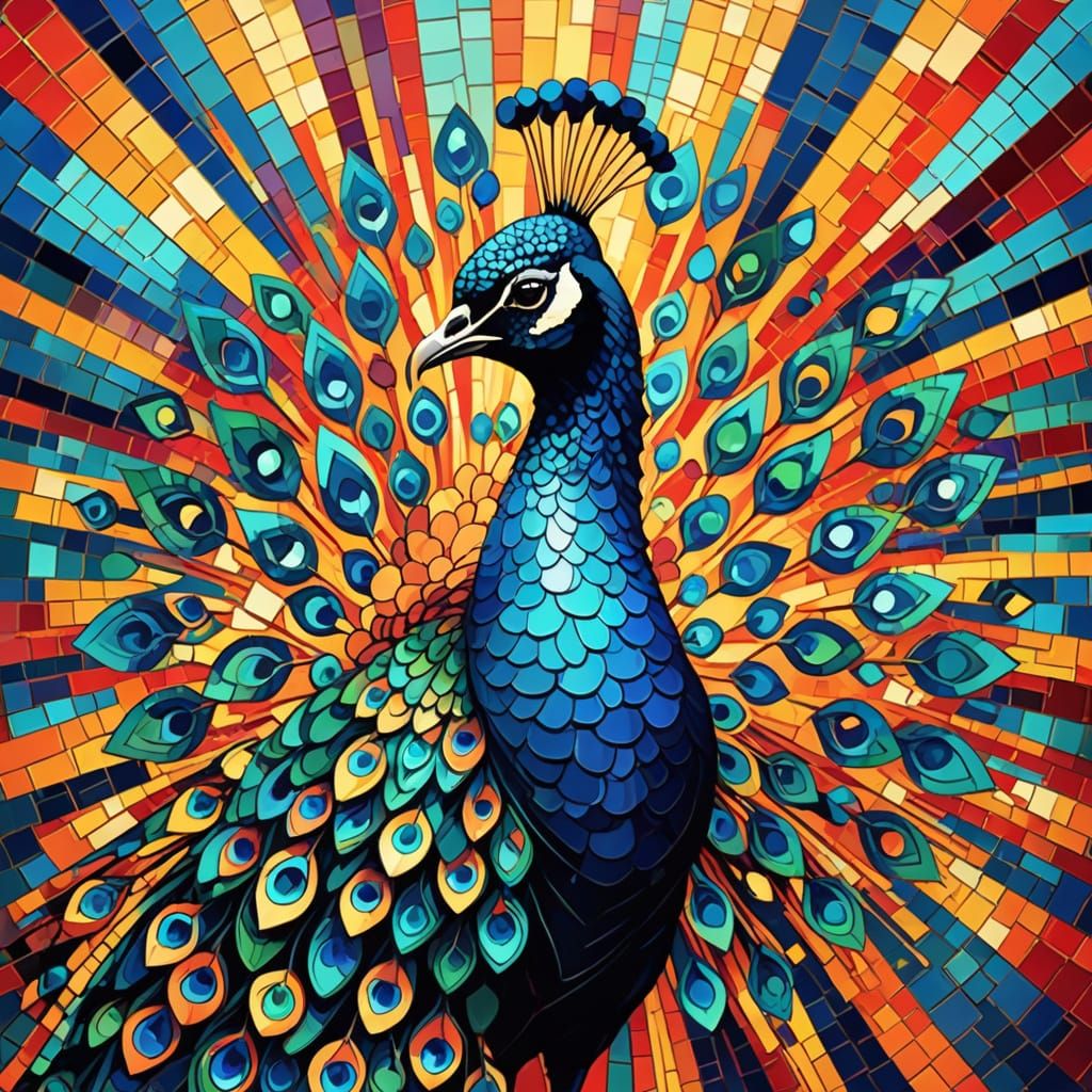 Vibrant Geometric Peacock Mosaic in Pixel Art Style