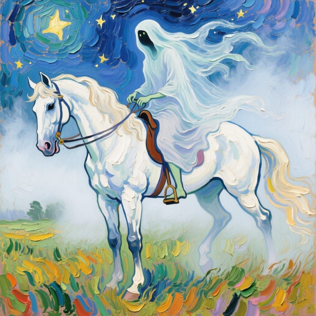 Ghostly Banshee Rides White Horse in Misty Meadow