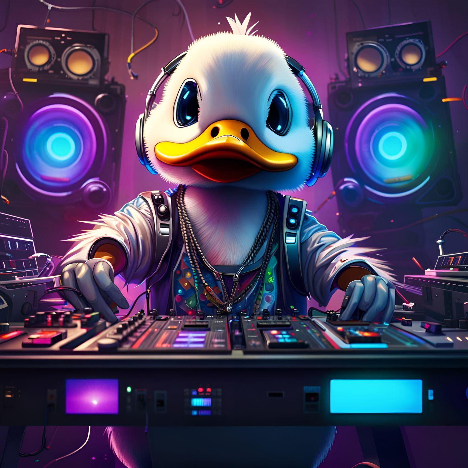 Robotic Duck DJ in Hyperrealistic Splash Art