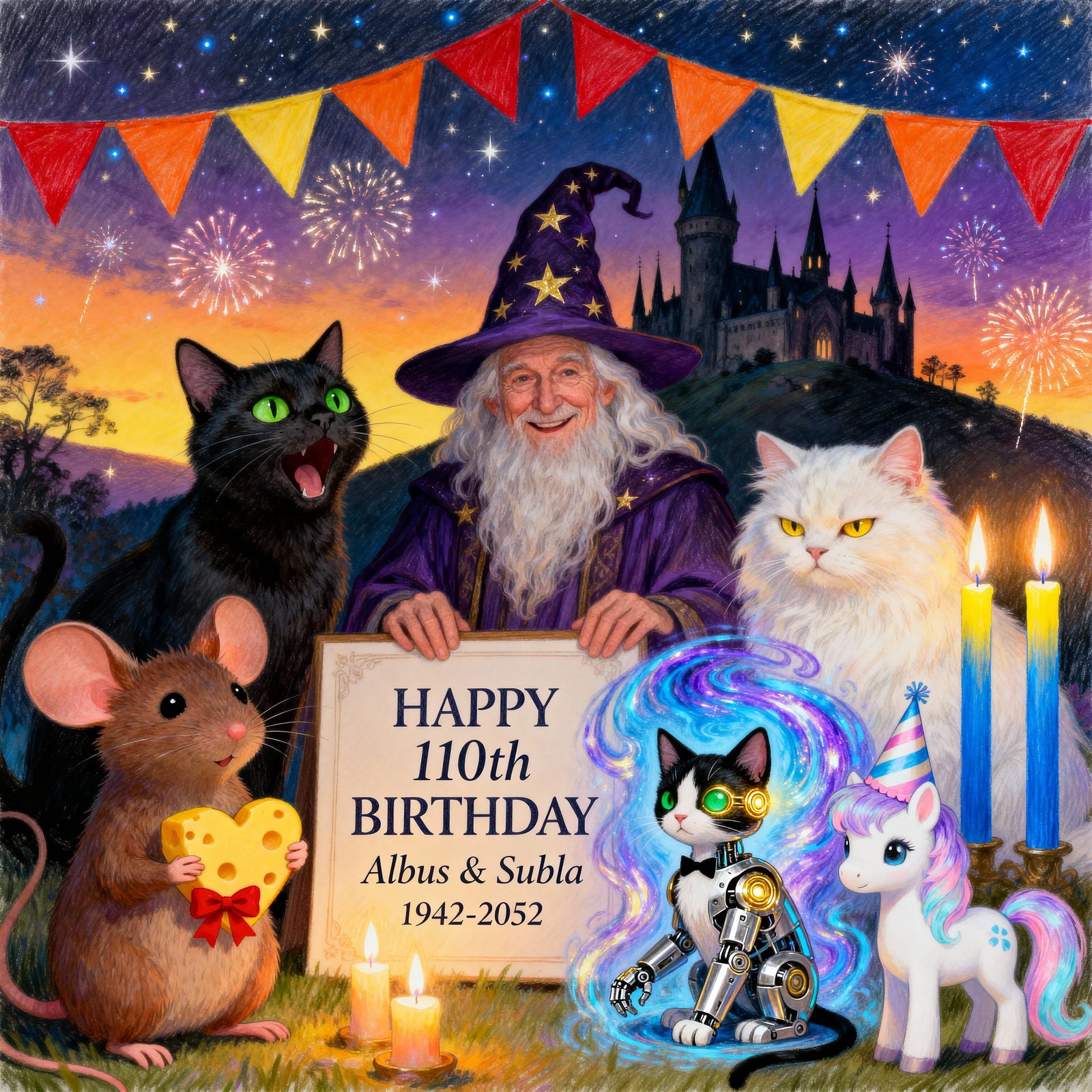 Magical Birthday Card Art: Wizard, Cats, and Fireworks