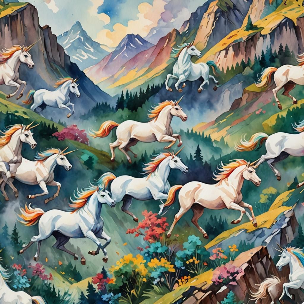 Unicorns Galloping Through Mountains as Gouache Painting