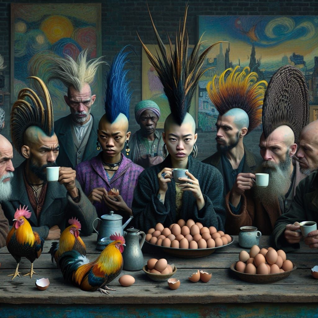 Bald Figures with Roosters, in Van Gogh Style