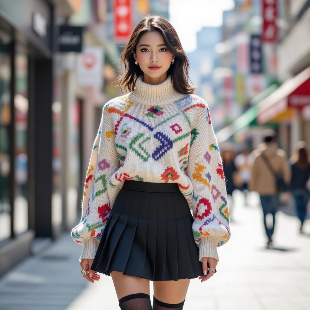 Woman on Shopping Street in Illustrative Style