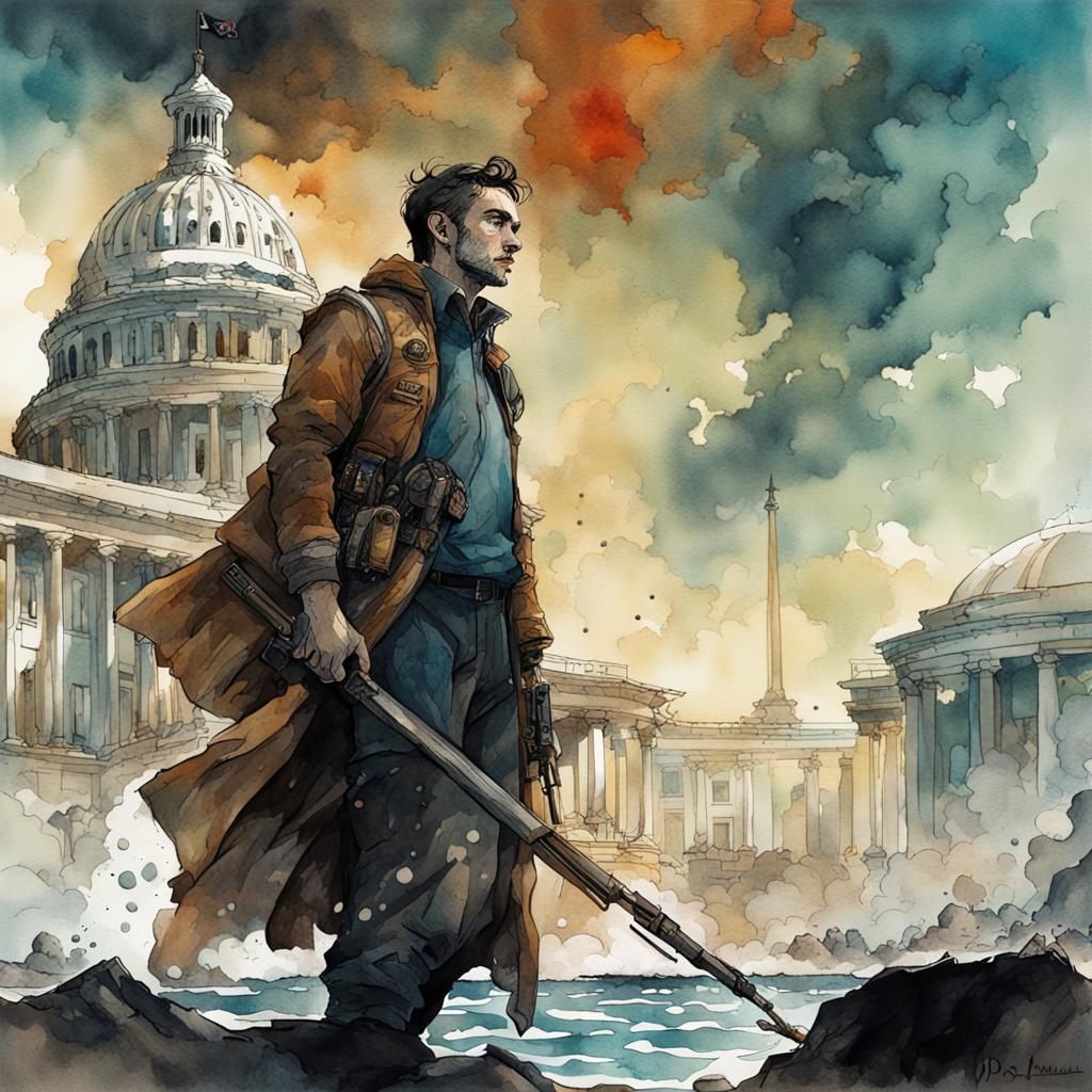 Watercolor US Senate in Modern War Fantasy Style