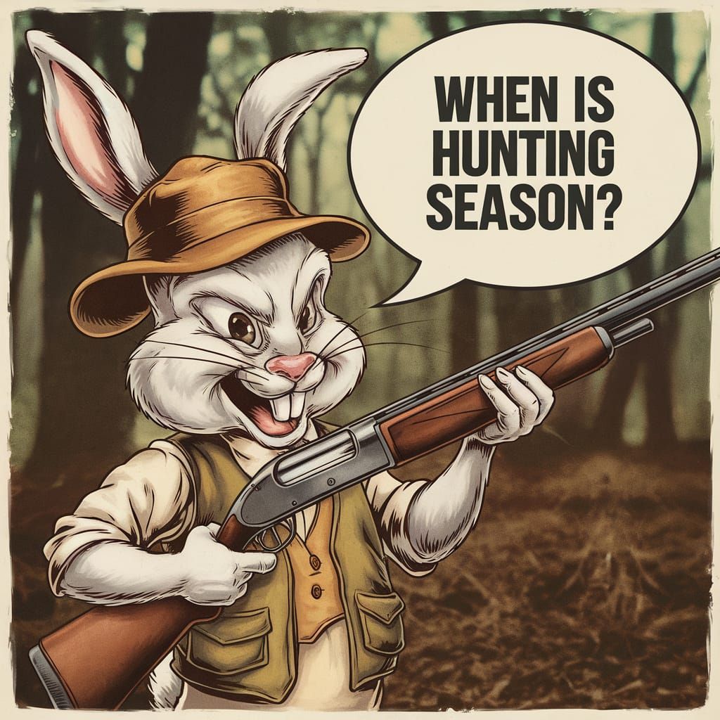 Sinister Cute Cartoon Rabbit with a shotgun. 1959s style advertisement. Text "When is hunting season?"
