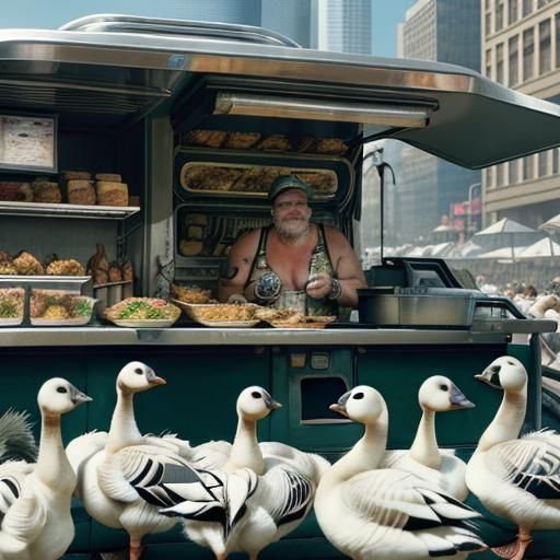 Cyberpunk Food Truck with Geese in Futuristic City
