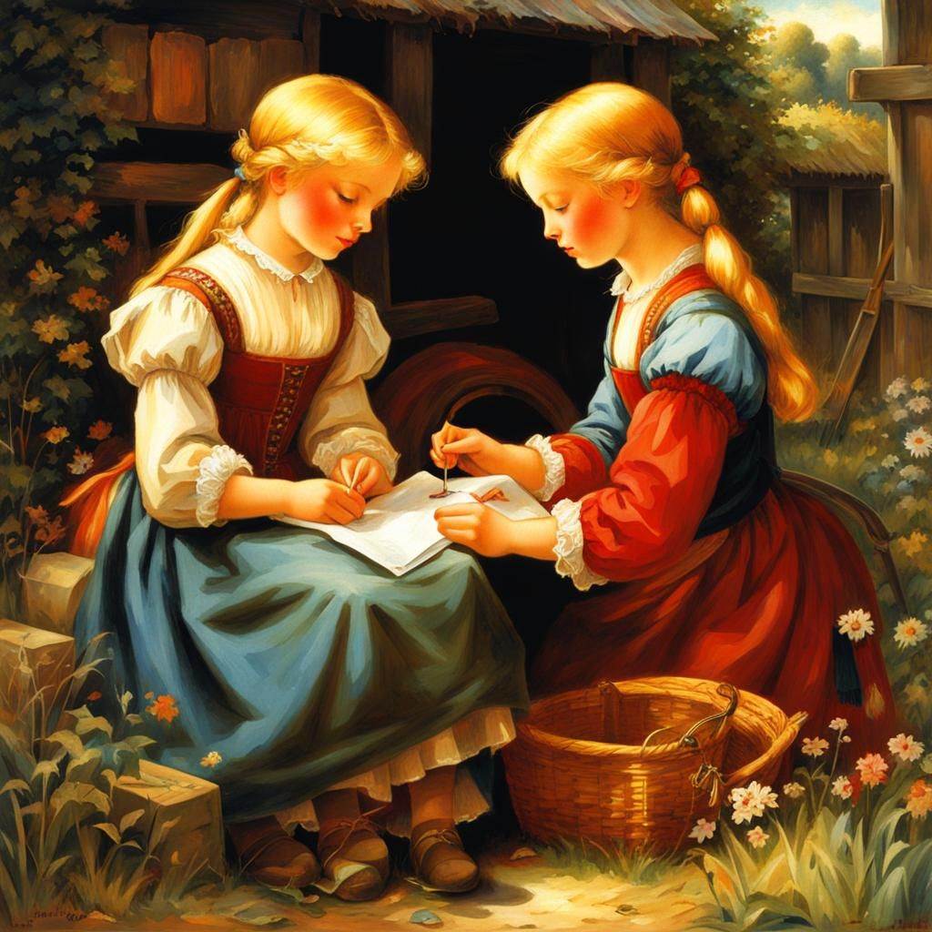 Medieval Sisters Sewing: Anime-Style Fantasy Art