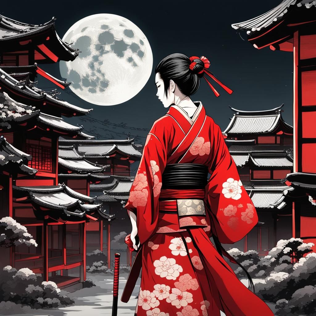 Female Samurai in Red Kimono Under Red Moon
