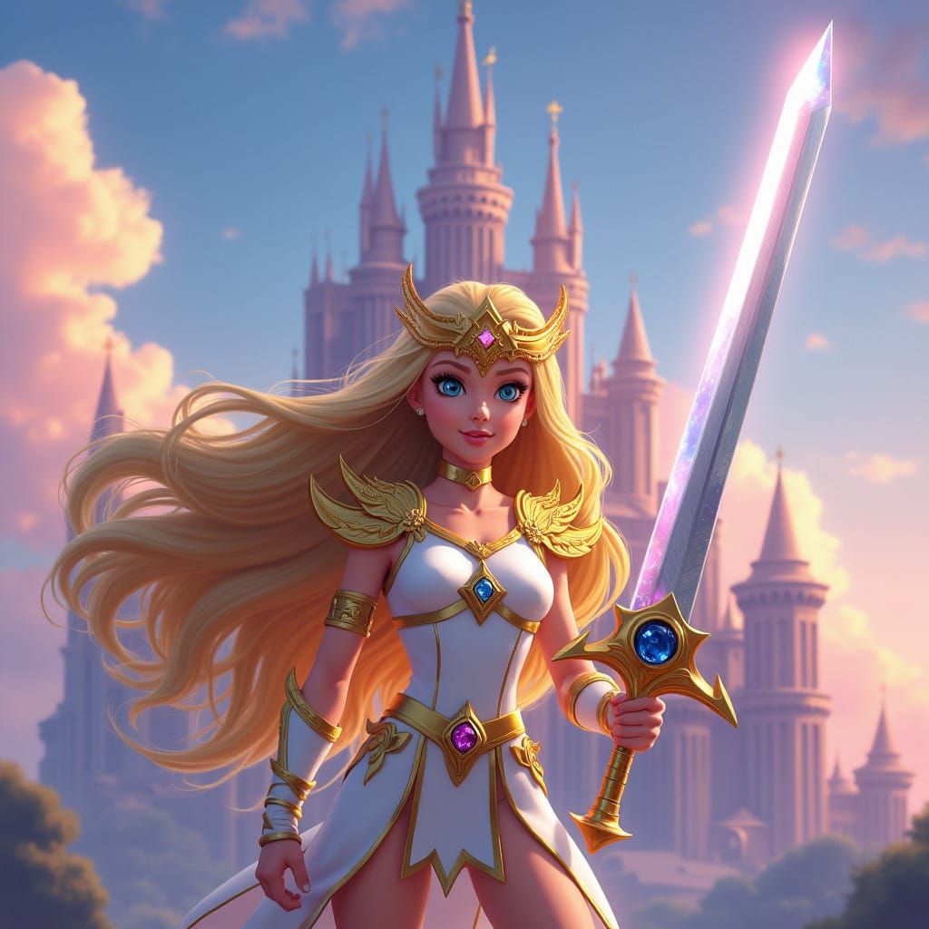 Heroic She-Ra Stands Proud in Front of Majestic Castle