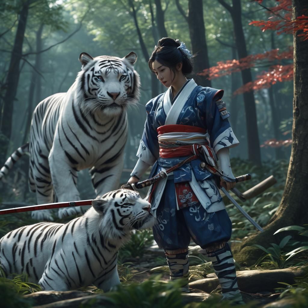 Battle Geisha and White Tiger in Japanese Forest