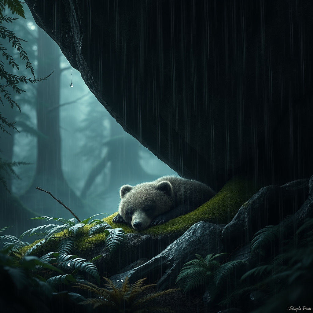 Vulnerable Bear Cub in Rain-soaked Forest, Matte Painting
