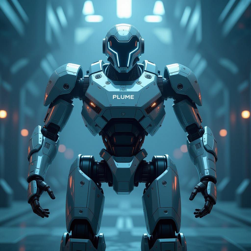 Futuristic Security Robot PLUME in Sci-Fi City