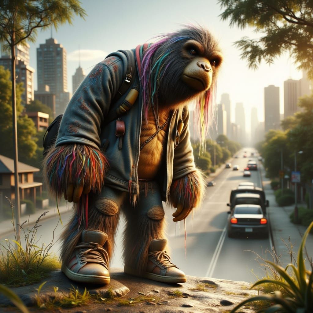 A Bigfoot made of yarn wandering a California suburb.<lora:Yarn Monsters:1.0><lora:-Urban Grunge-:1.0>