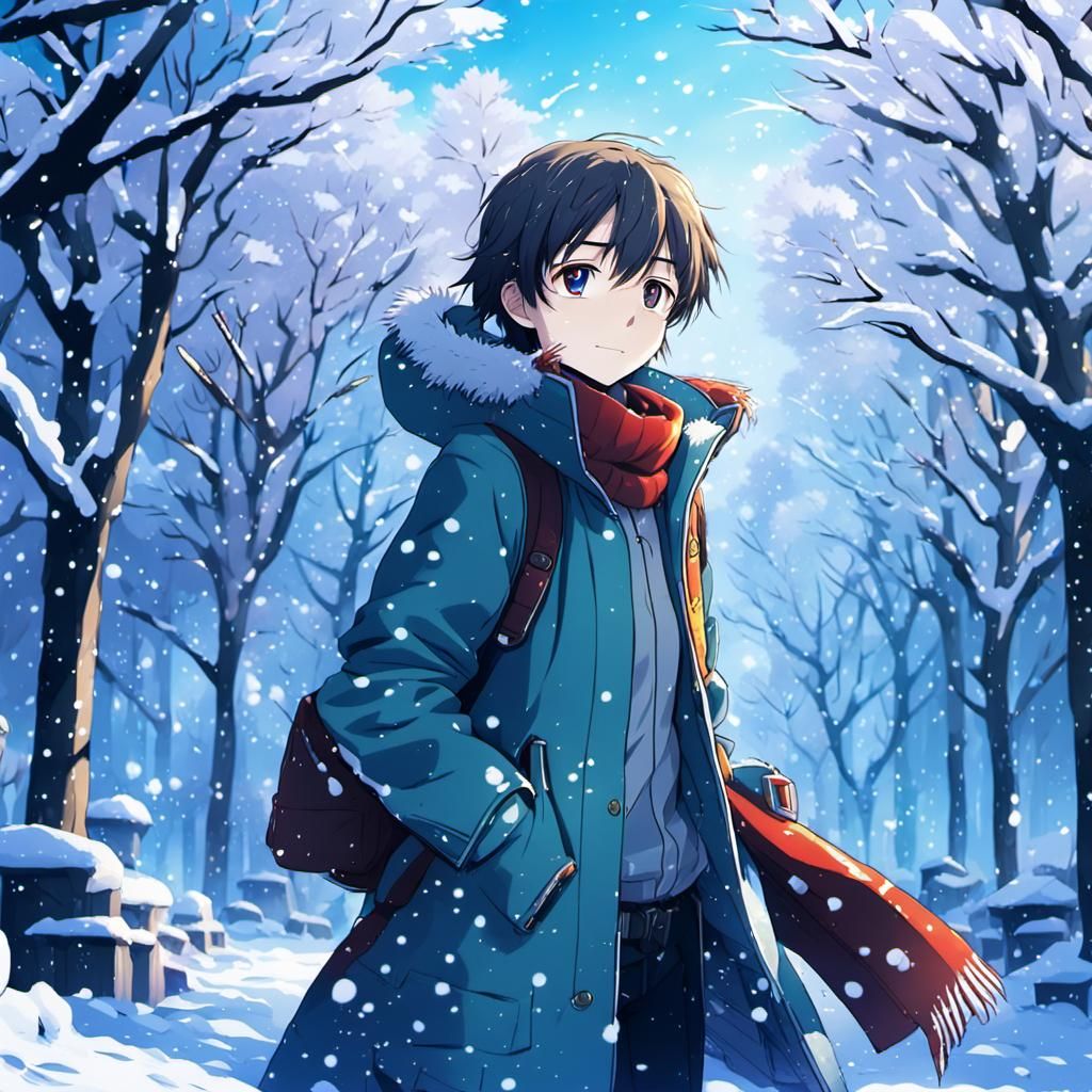 Boy in Snowy Winter Day: Cel-Shaded Anime Art