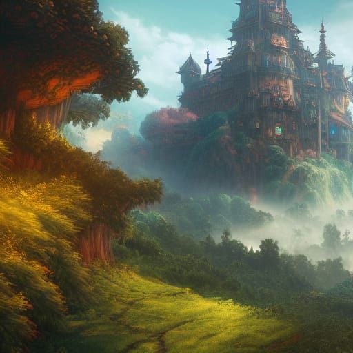 Fantastical Moving Castle Matte Painting in the Hills