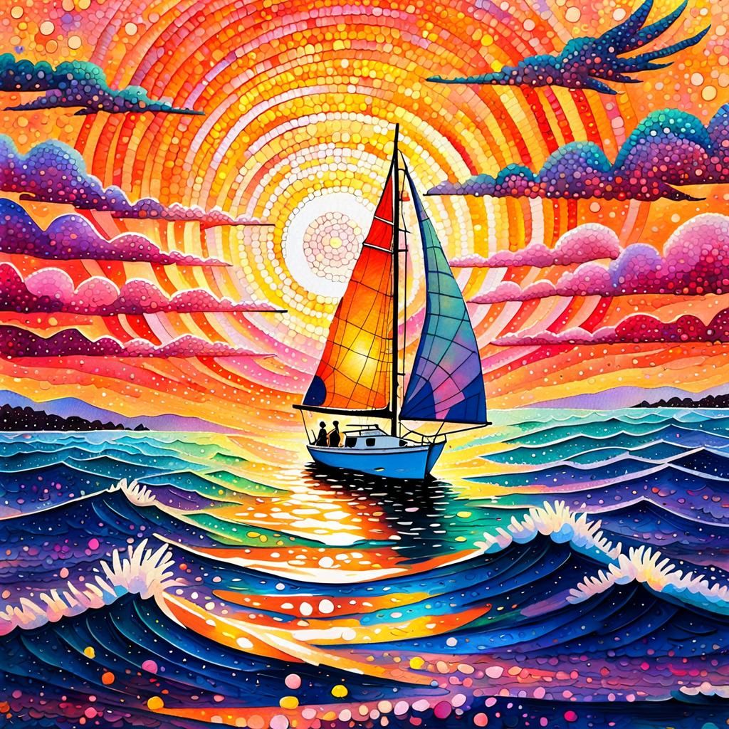 Pointillist Sunset Sailboat Painting in Impressionist Style