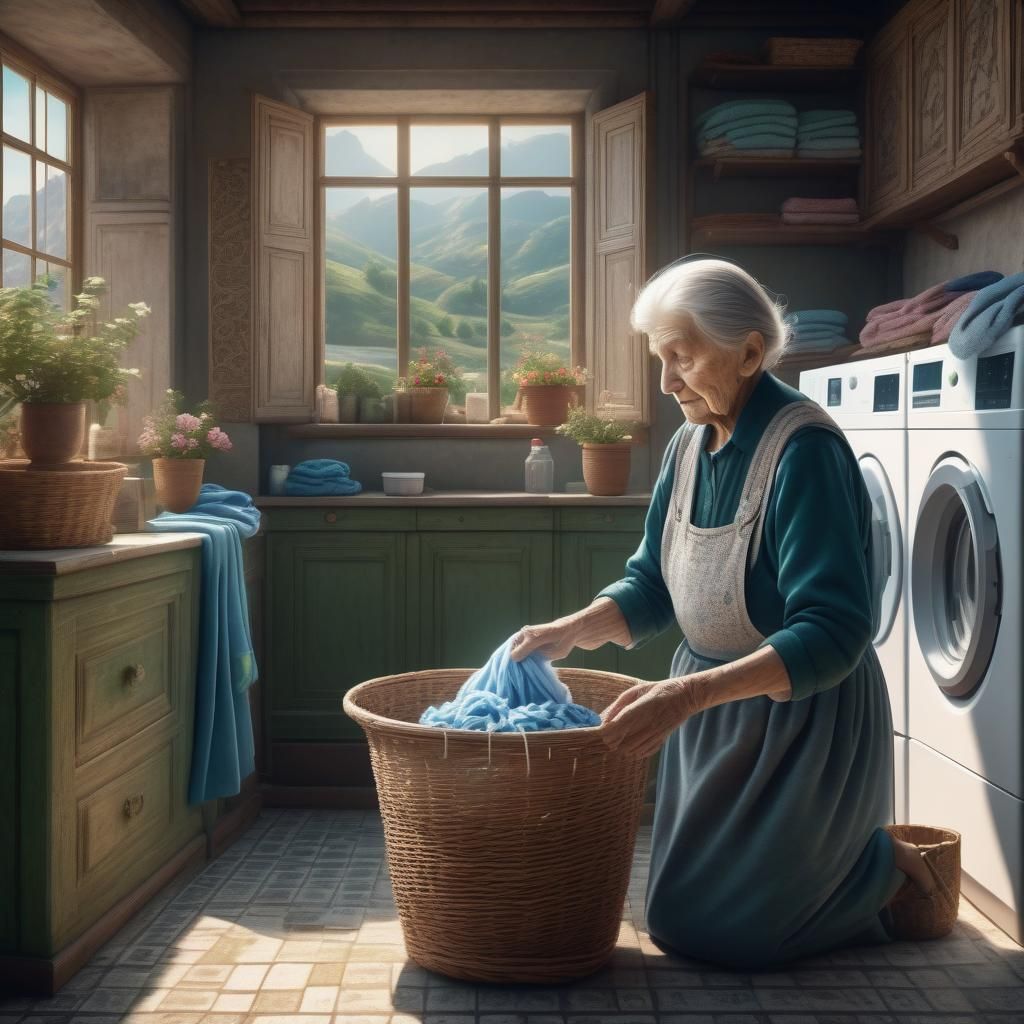 An elderly woman doing her laundry in the summer, using the ...