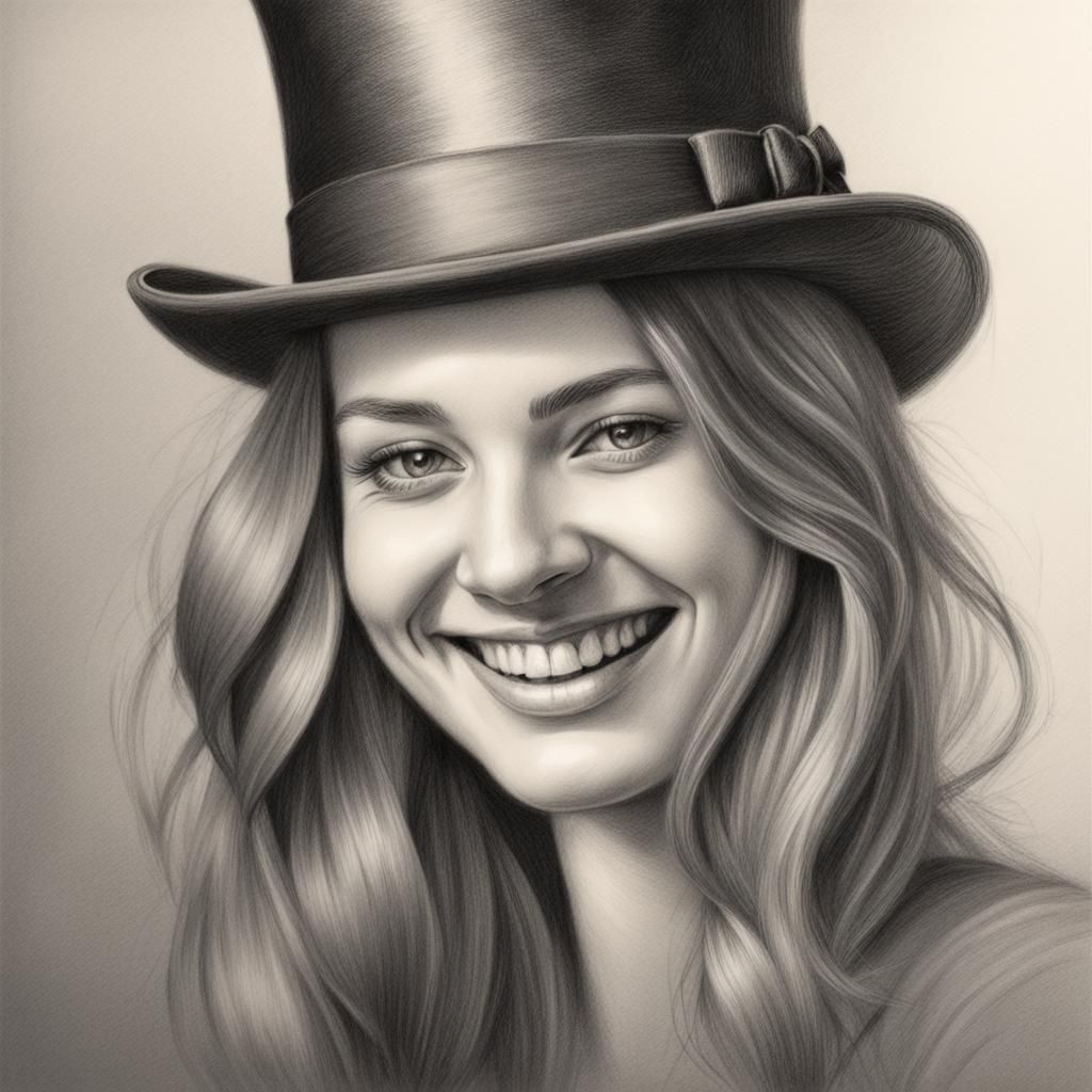 Smiling Woman in Top Hat: Charcoal Line Portrait