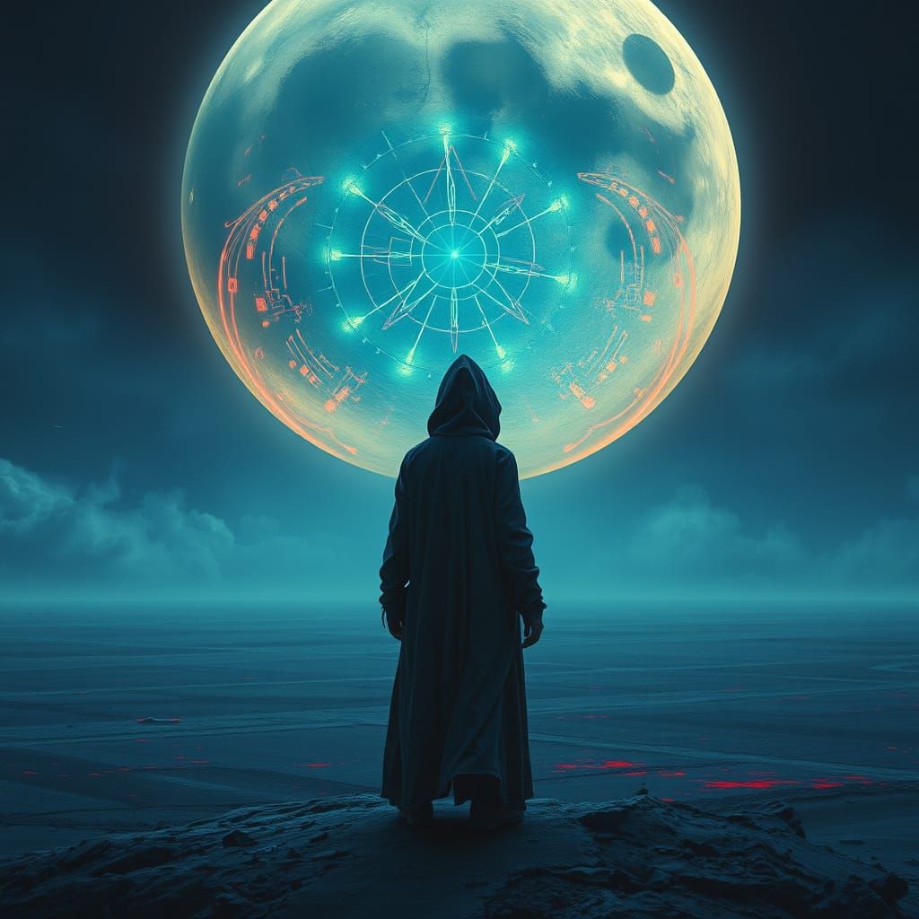 Hooded Figure Gazing at Biomechanical Moon