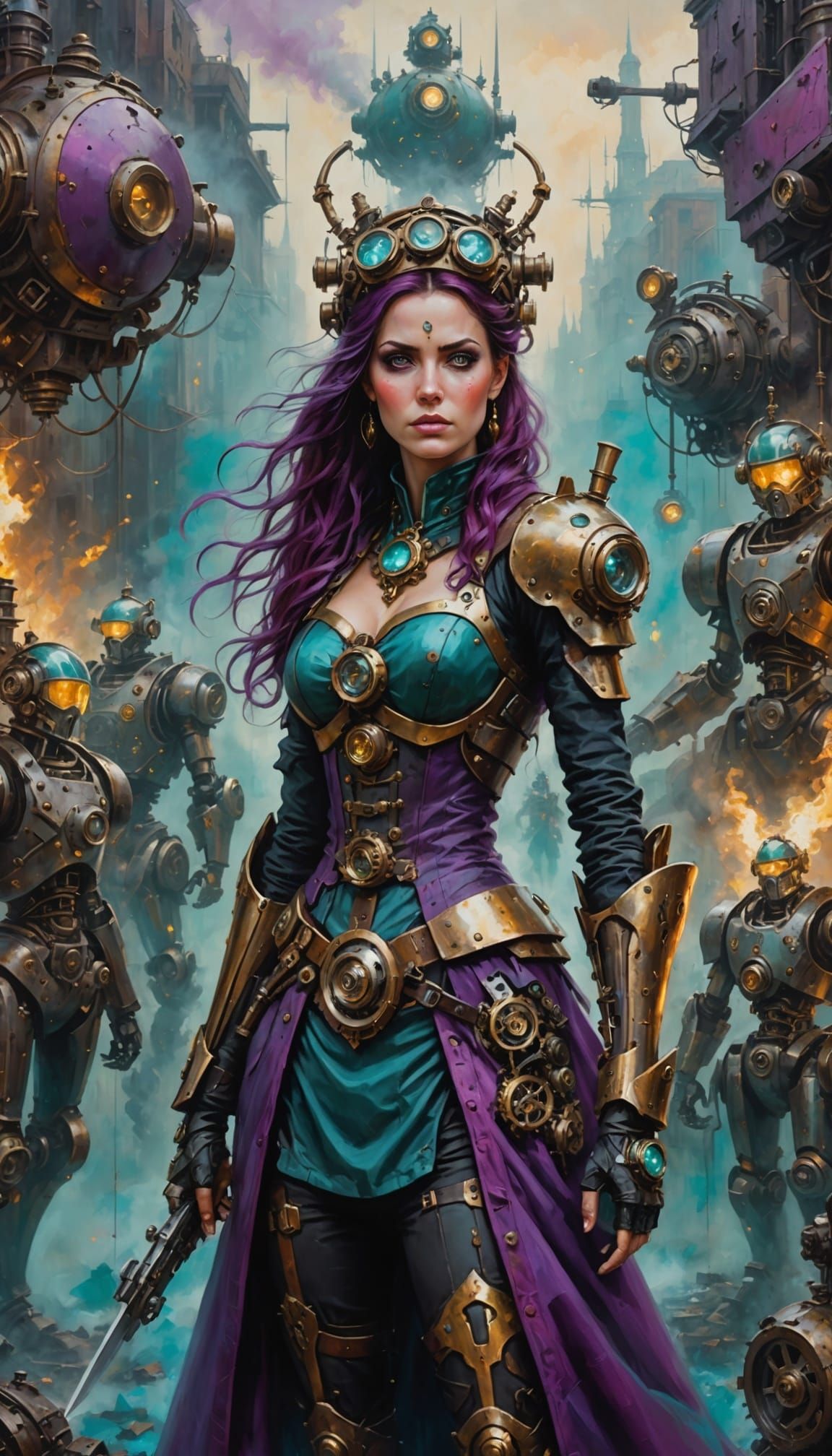 Steampunk Goddess Leads Robot Army in Expressionistic Oil