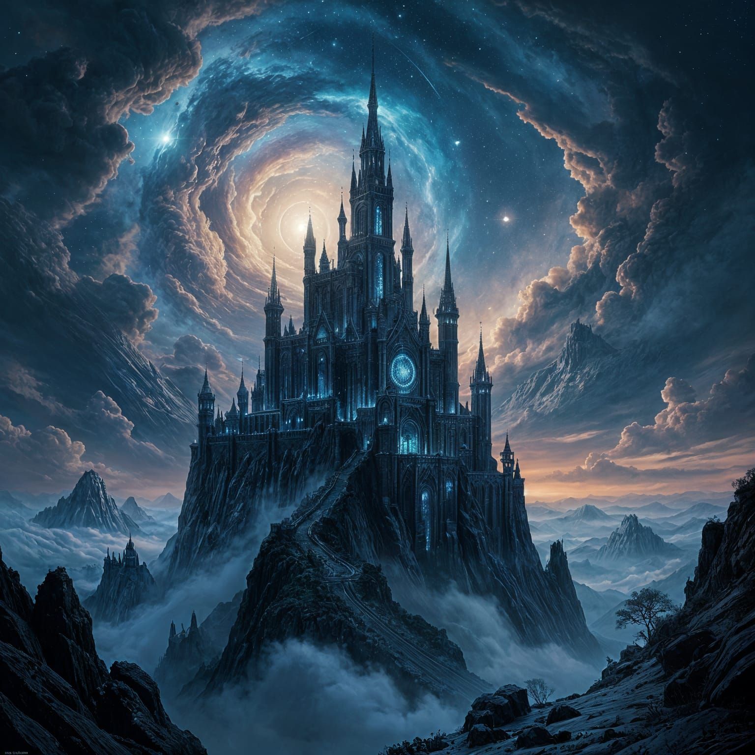 Dark Fantasy Castle Amidst Cosmic Sky