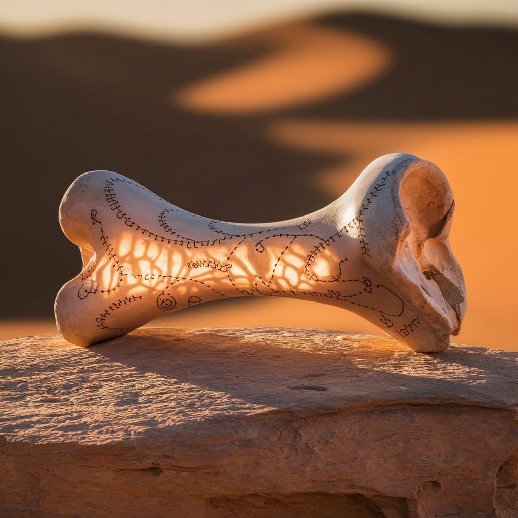 Mysterious Bone Map with Glowing Marrow in Desert Sunset