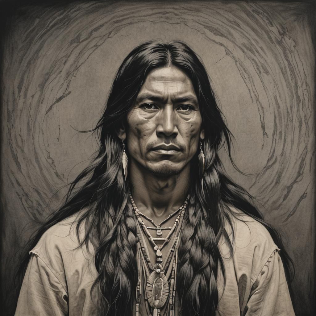 Detailed Charcoal Portrait of Native American Man