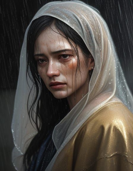 Woman in Rainy Tears, Moody Oil Painting
