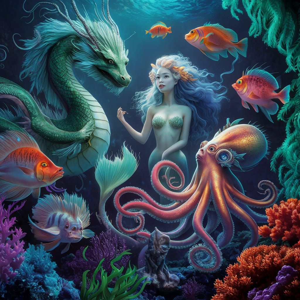 Mystical Underwater Realm Teeming with Mythical Creatures