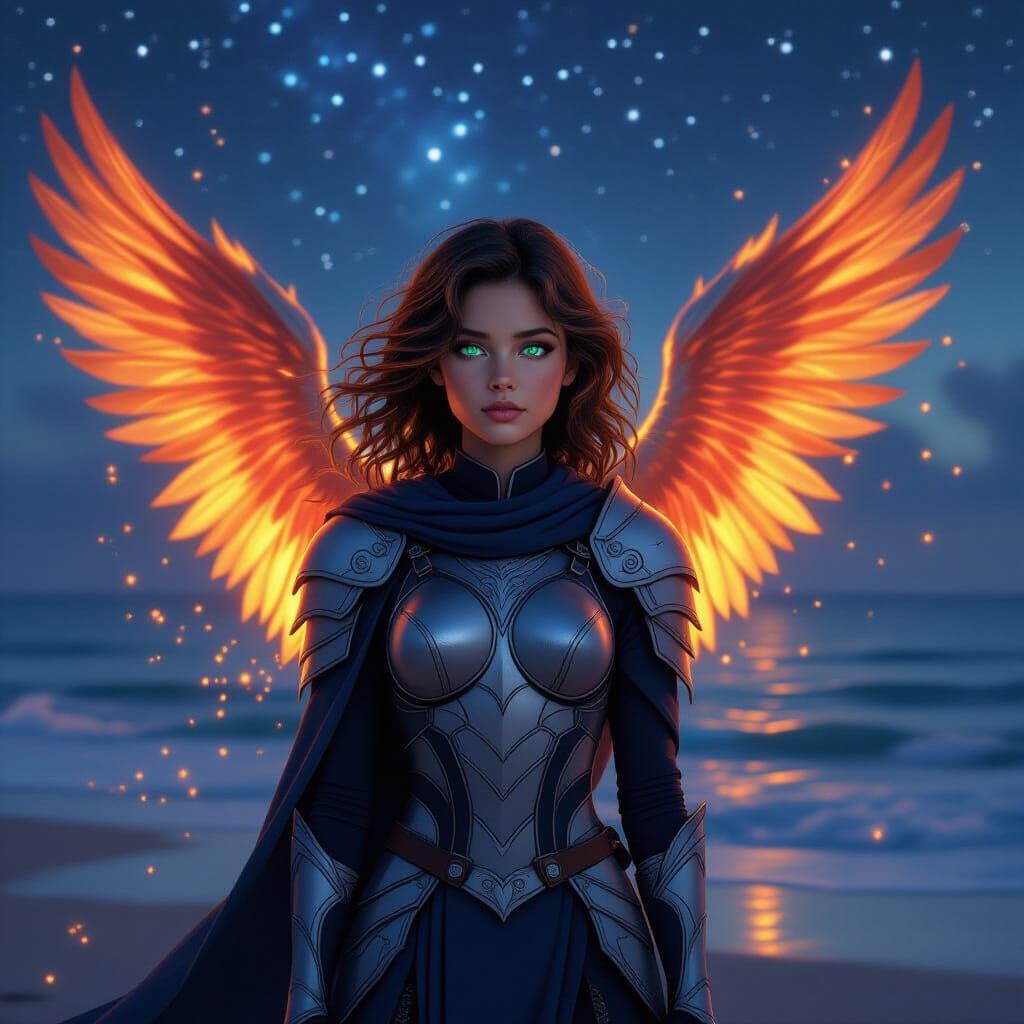 Ethereal Phoenix Girl on Starlit Ocean Beach
