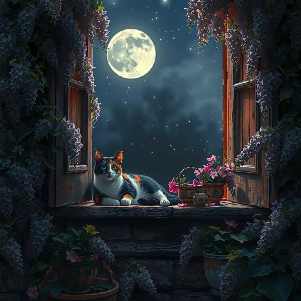 Calico Cat in Midnight Wisteria Garden, Splash Art