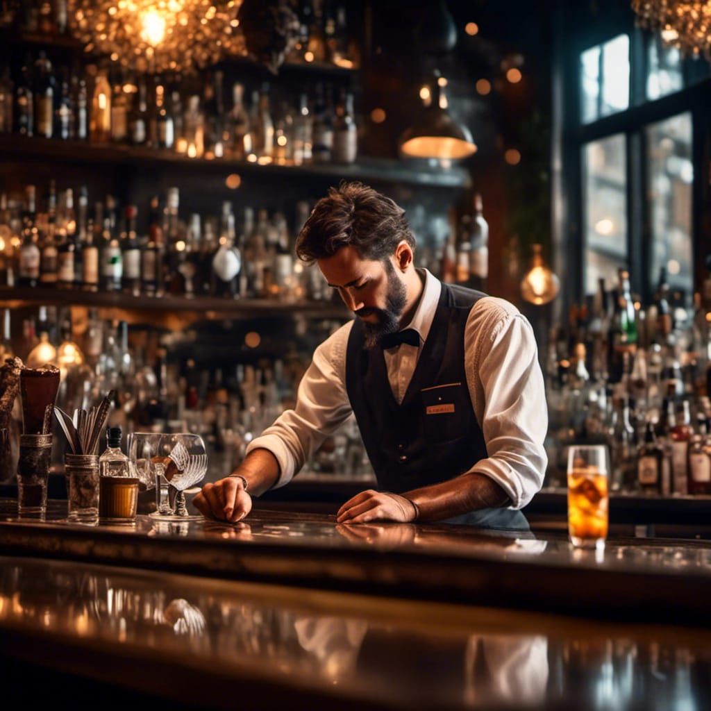 A lone bartender polishes the bar counter after closing time.