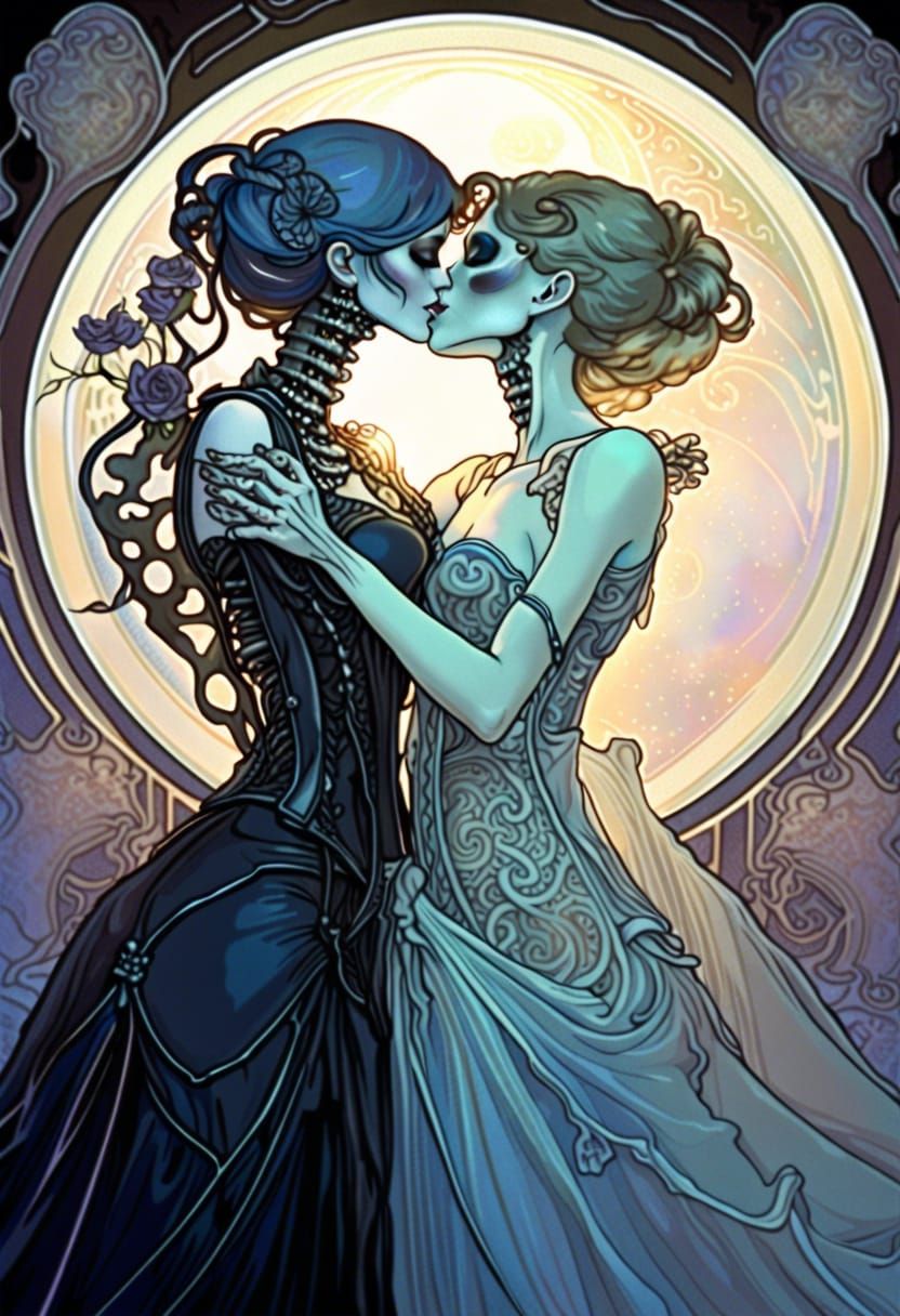 Gothic Death Goddesses Kiss in Space, Art Nouveau Style