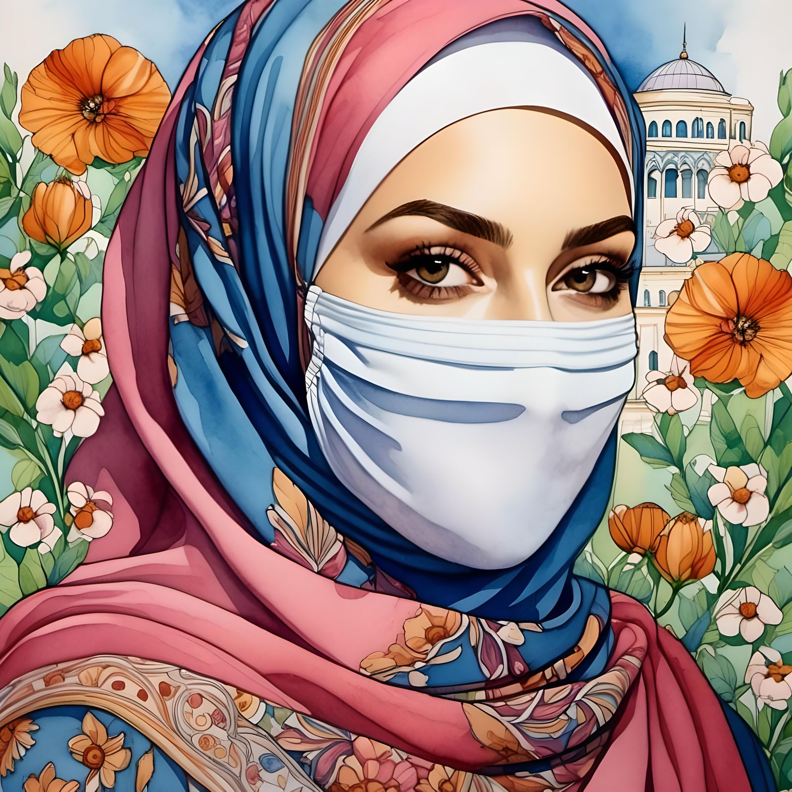 Beautiful Hijabi Student Portrait with Floral Background