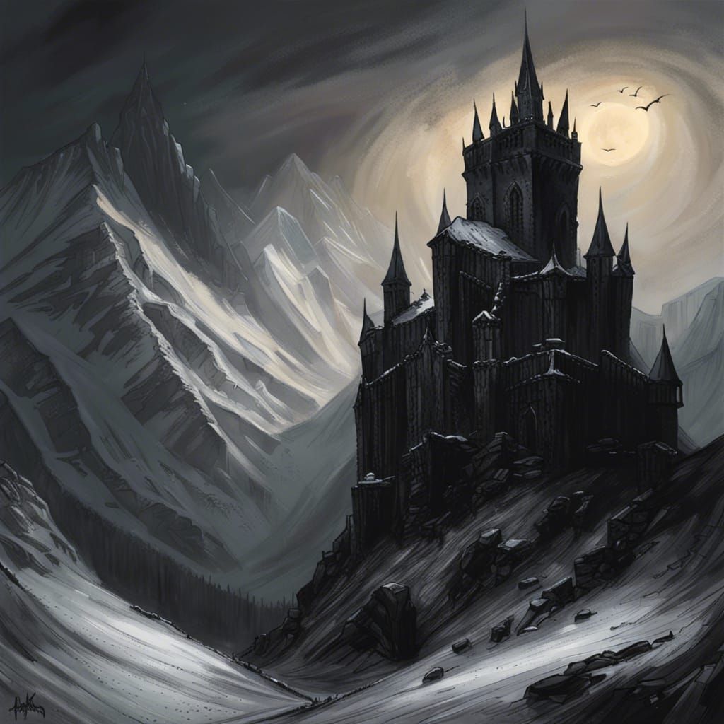 Dark Gothic Castle in Snow-Capped Peaks