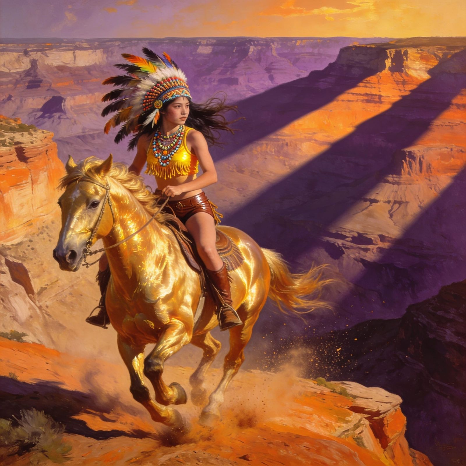 Native American Warrior Girl on Horseback in Grand Canyon