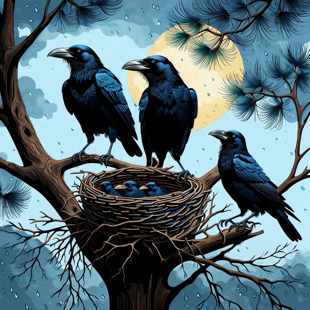 Crow's Nest with Newborns in Rainy Asian Style