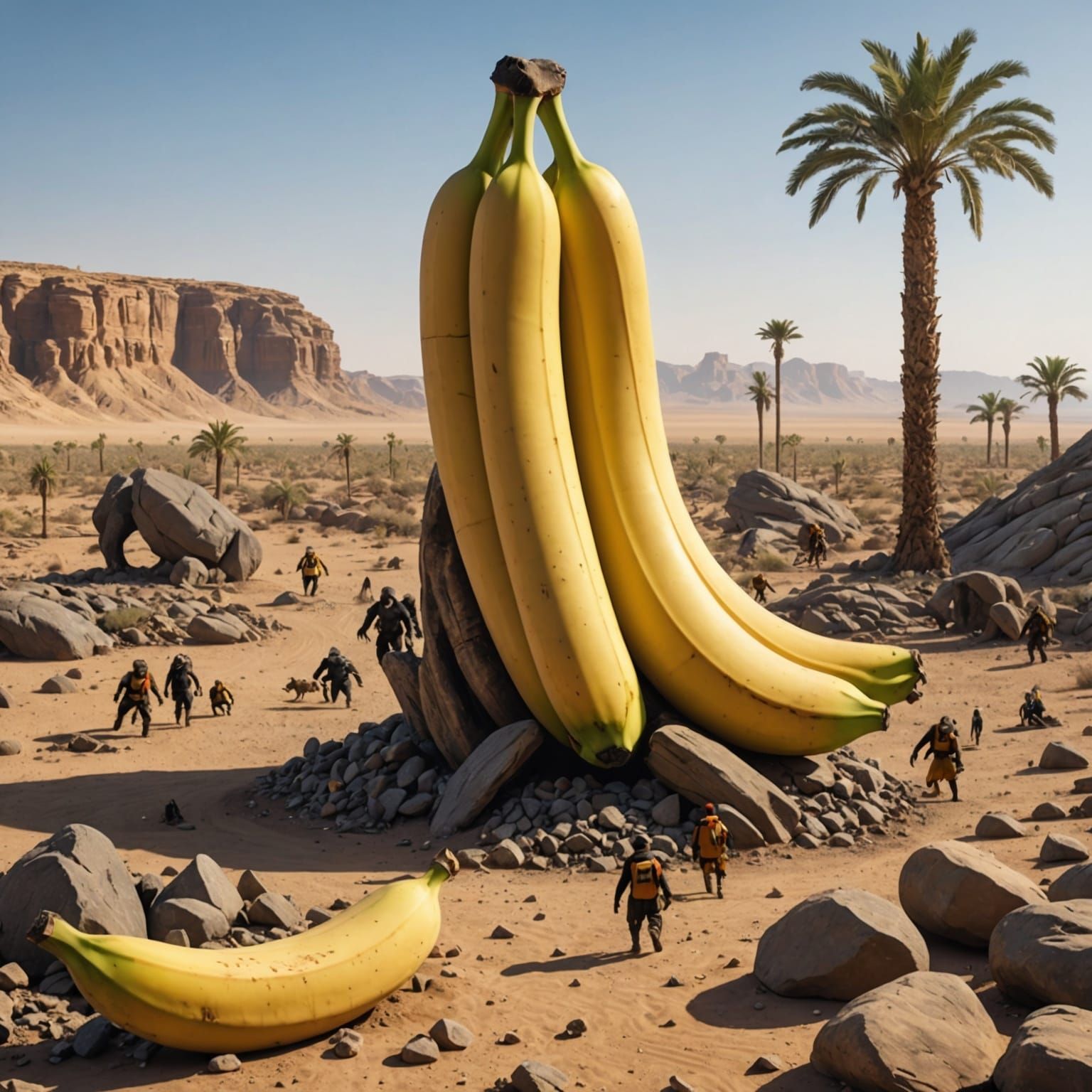 Giant Banana in Desert with Excited Apes