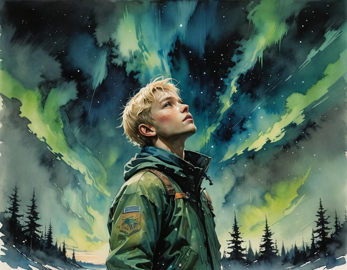 Boy Admiring Northern Lights, Watercolour Painting