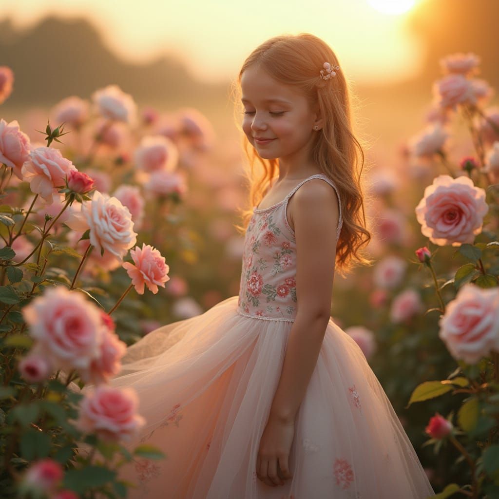 Girl in Flower Dress Surrounded by Roses in Golden Hour