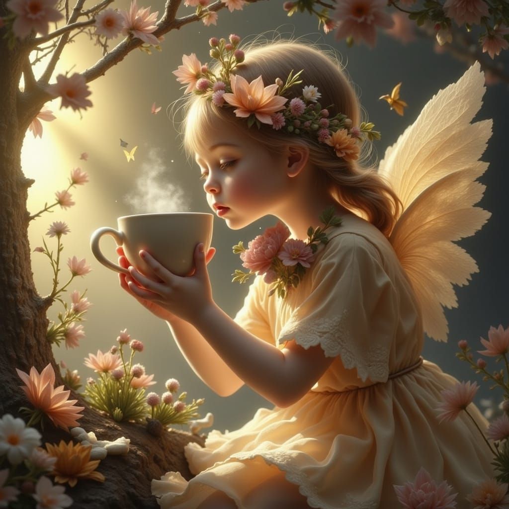 Fall Angel Enjoys Morning Coffee in Hyperrealistic Style