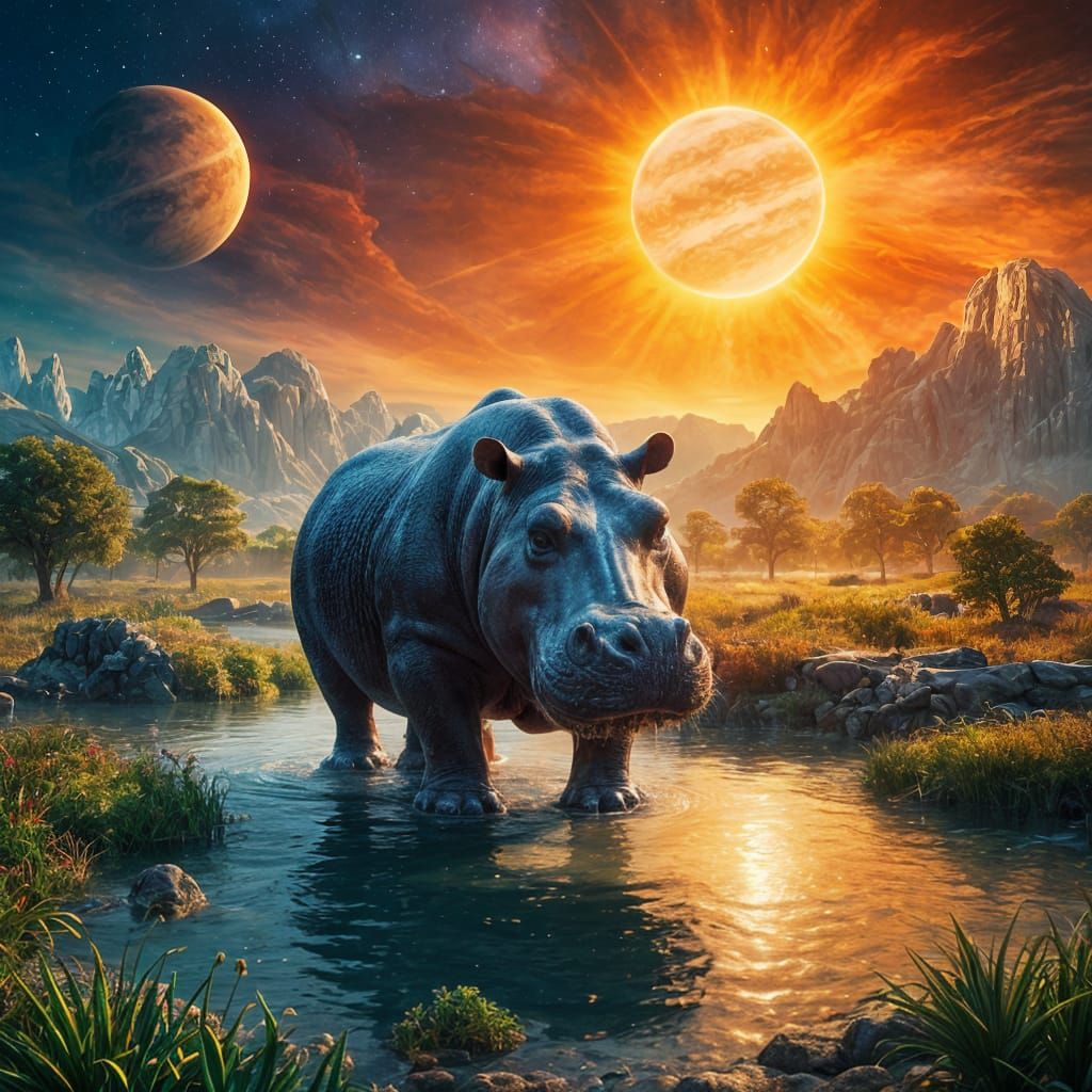Giant Hippo Eats Sun: Ultra Realistic Digital Art