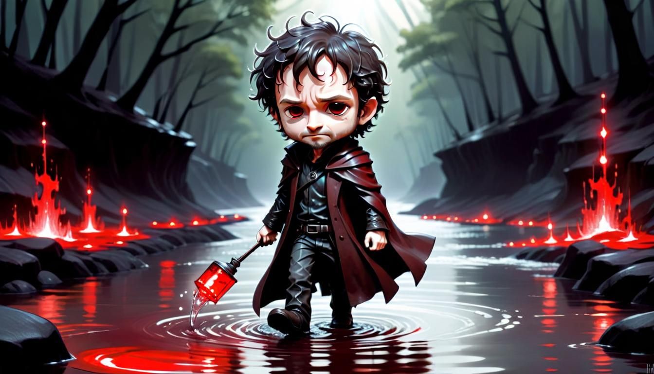 Chibi Figure Walks on Red Reflective Water
