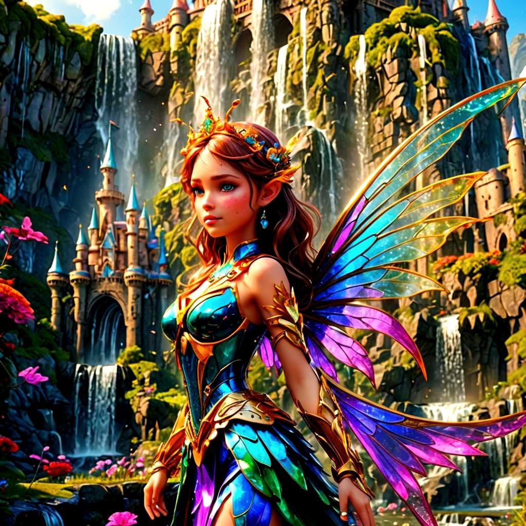 Colorful Fantasy Fairy with Castle in Sci-Fi Style
