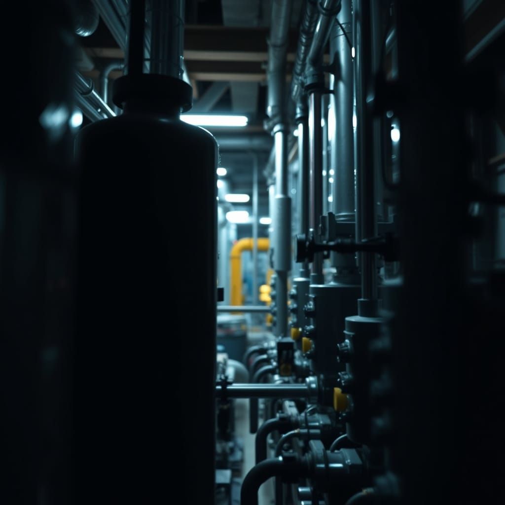 Close-up of Chemical Plant Equipment at Night